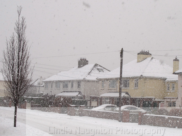 Snow falls on housing estate.